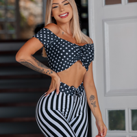 LEGGING LISTRAS BOLINHAS PRETO E BRANCO (empina)