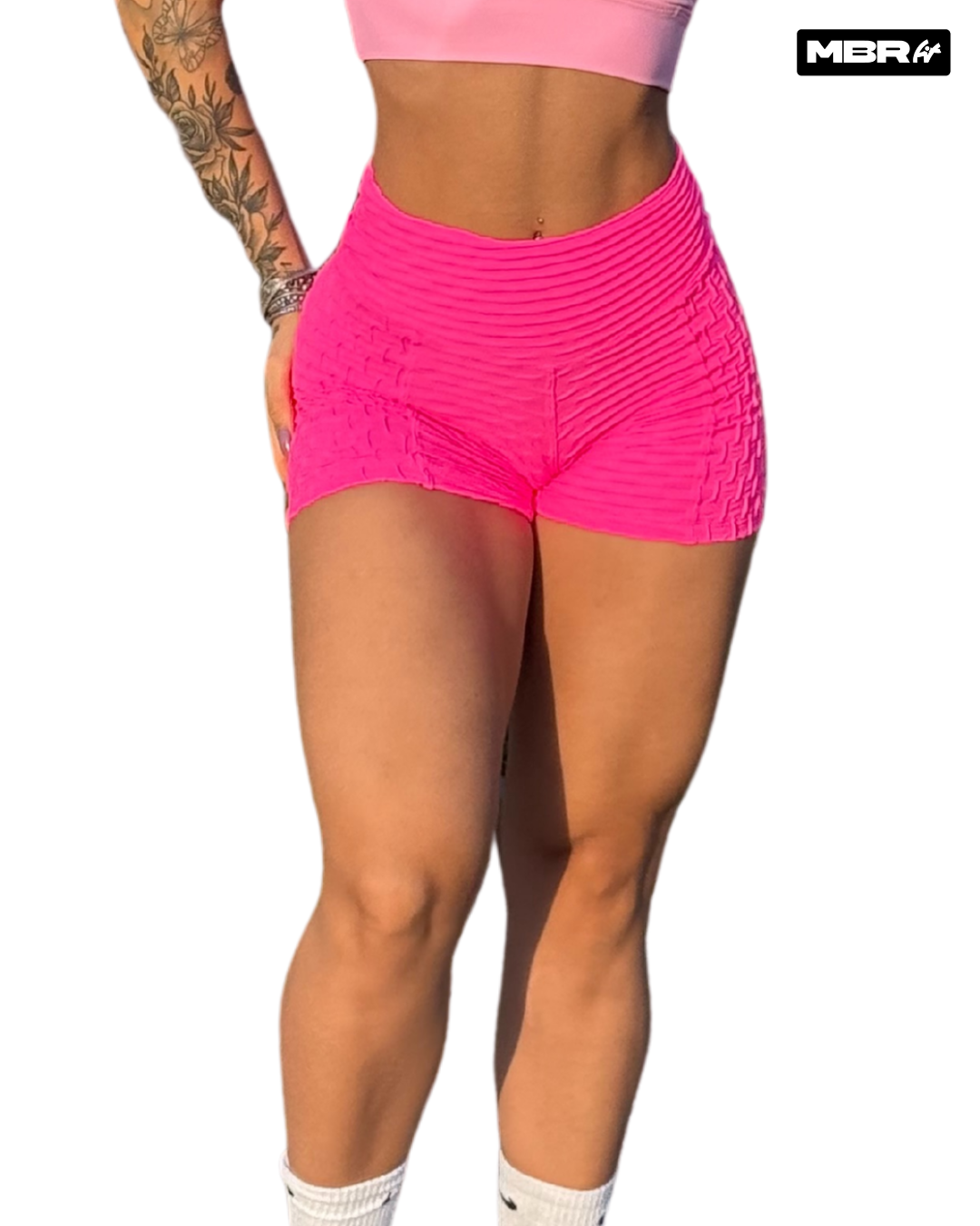 SHORT MEIA COXA BROCADO ROSA NEÓN (empina)