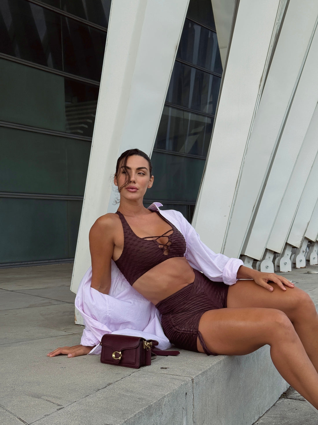 CONJUNTO SHORT BROCADO SHINE MARROM (normal)